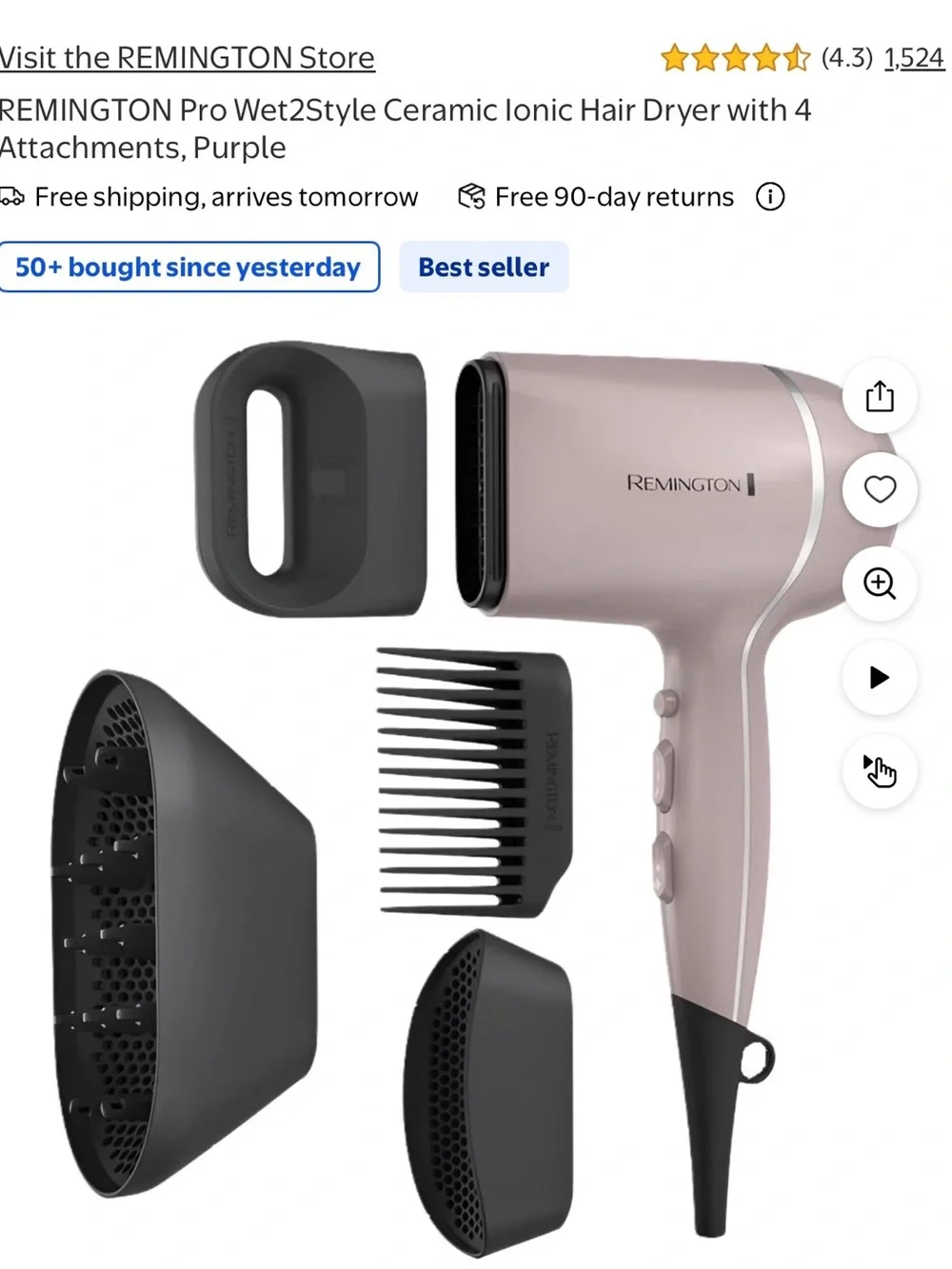 Remington Rose Gold and Black Compact Hair Dryer with 5 Styling Attachments